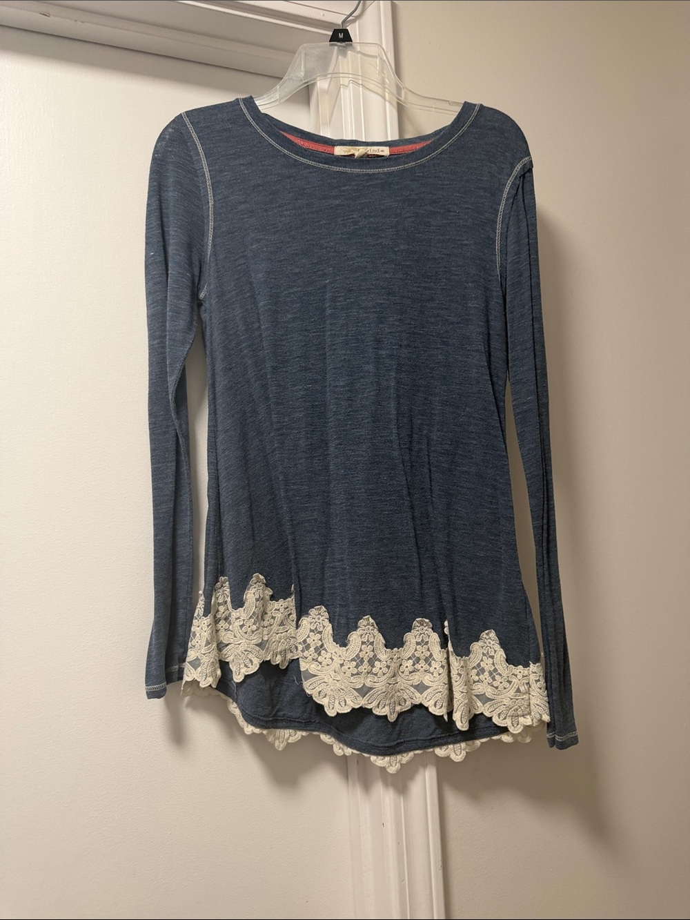 Rewind Navy Long Sleeve Top with Cream Lace Hem